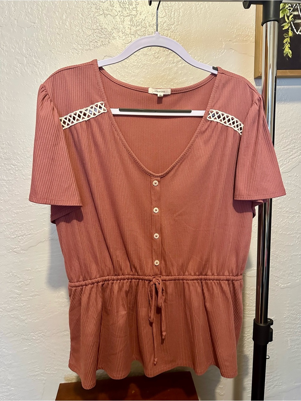 Button-Front Pink Short Sleeve Drawstring Top